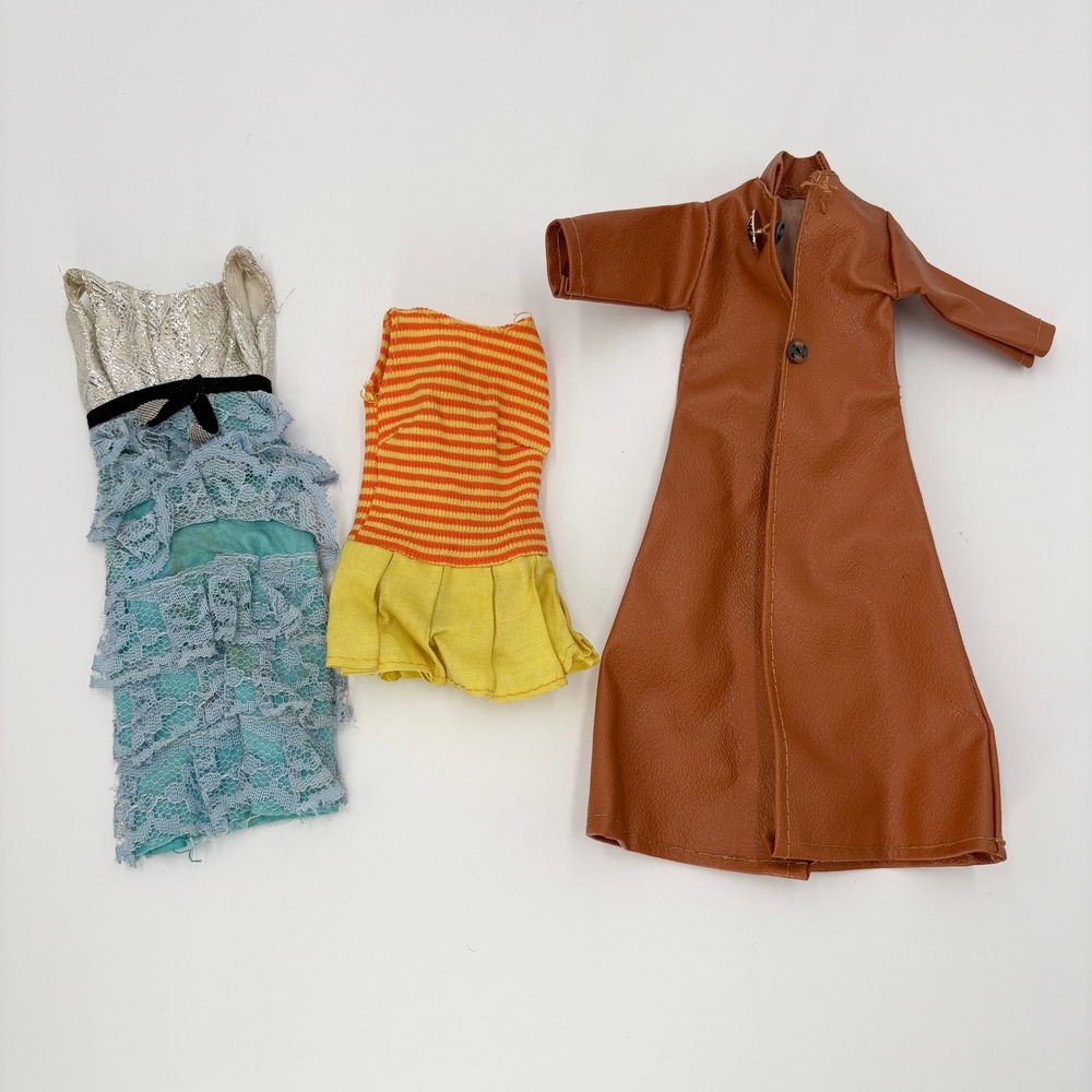 Vintage Shillman Barbie Clone Doll Clothes Lot Brown Coat Blue Lace Dress Mod